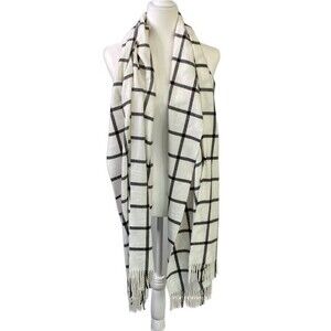 Fringe Hem Accent Checkered Scarf Cream Gray Black Warm Soft Cozy Fall Winter